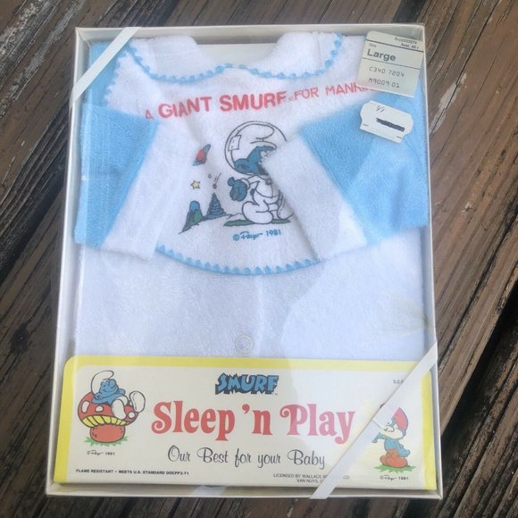 Astronaut Smurf Sleep Play Suit Baby Large Peyo Vintage 80s Giant For Mankind - Picture 1 of 8